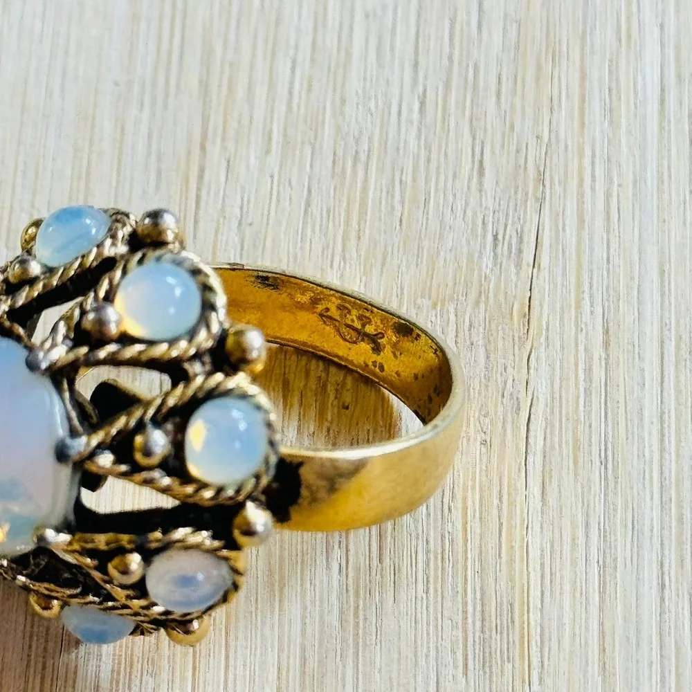 Uncas Cocktail Ring Opalescent Opal Glass Cabochon Gold ElectroPlated Rare VTG